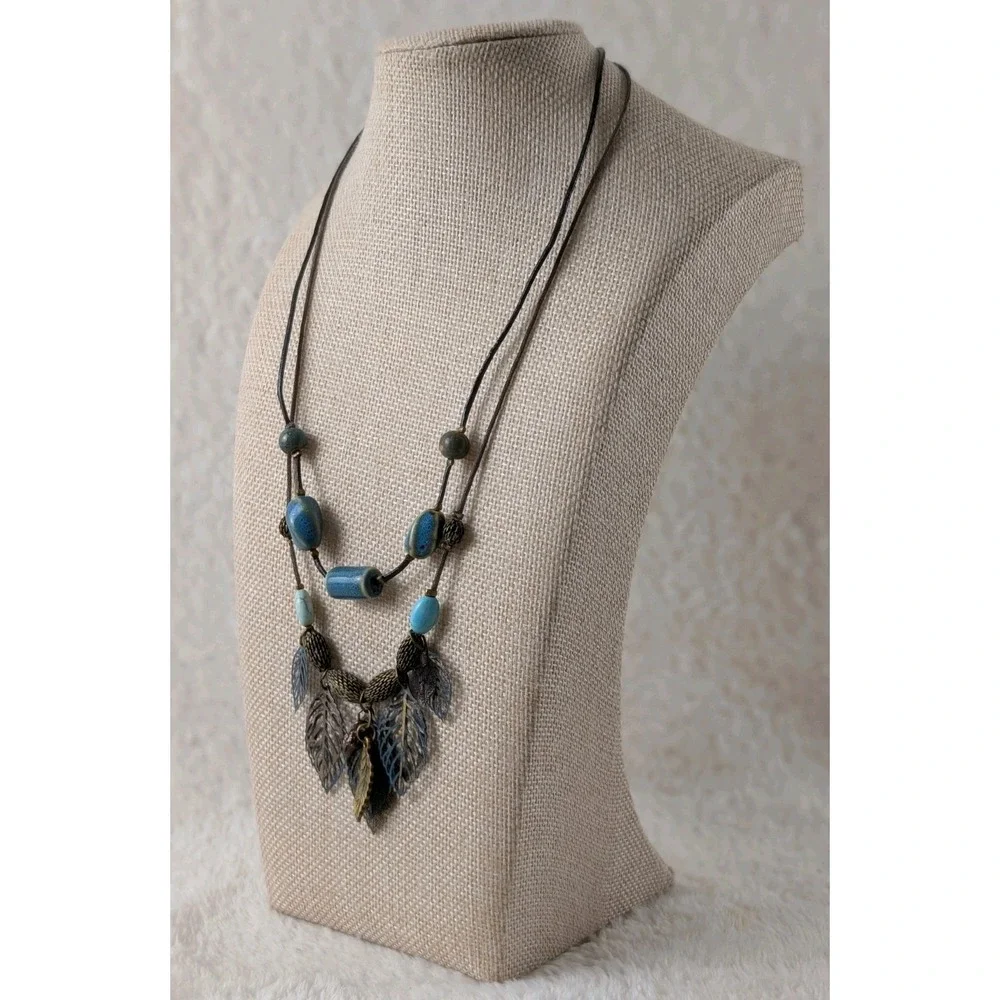 Boho Leaf Statement Necklace Faux Turquoise Ceramic‎ Beads Cord Necklace